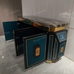 Three-Door Sideboard with Dark Blue High-Gloss Lacquer Panels Gold Metal Trim Natural Marble Top and Polished Gold Stainless Steel Base
